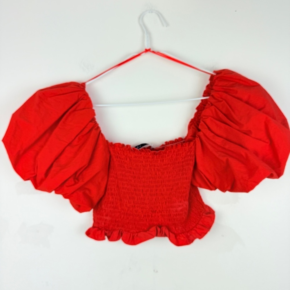 ZARA Red Puff Sleeve Smocked Crop Cottagecore Statement Sleeve Top